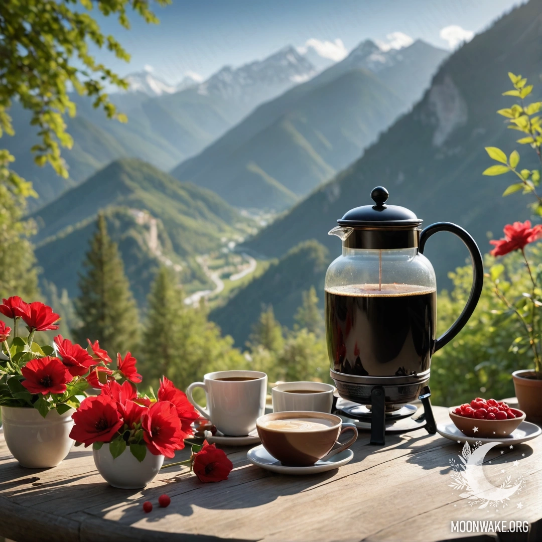 Tranquil Mountain Tea Time A wooden table with red flowers, a coffee pot and cups, set against a mountain backdrop, illuminated by sun rays.