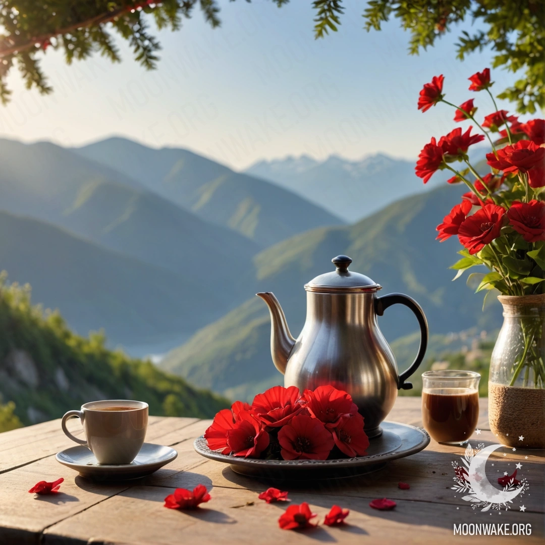 Serene Mountain Table with Flowers and Coffee Set A wooden table with a jar of red flowers, a coffee pot, cups and a garland of lights, set against a breathtaking mountain backdrop.