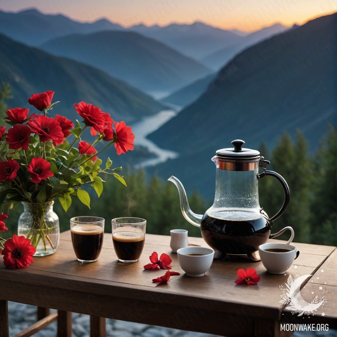 A calm wooden table with a jar of red flowers and coffee pot against the mountain backdrop at night.