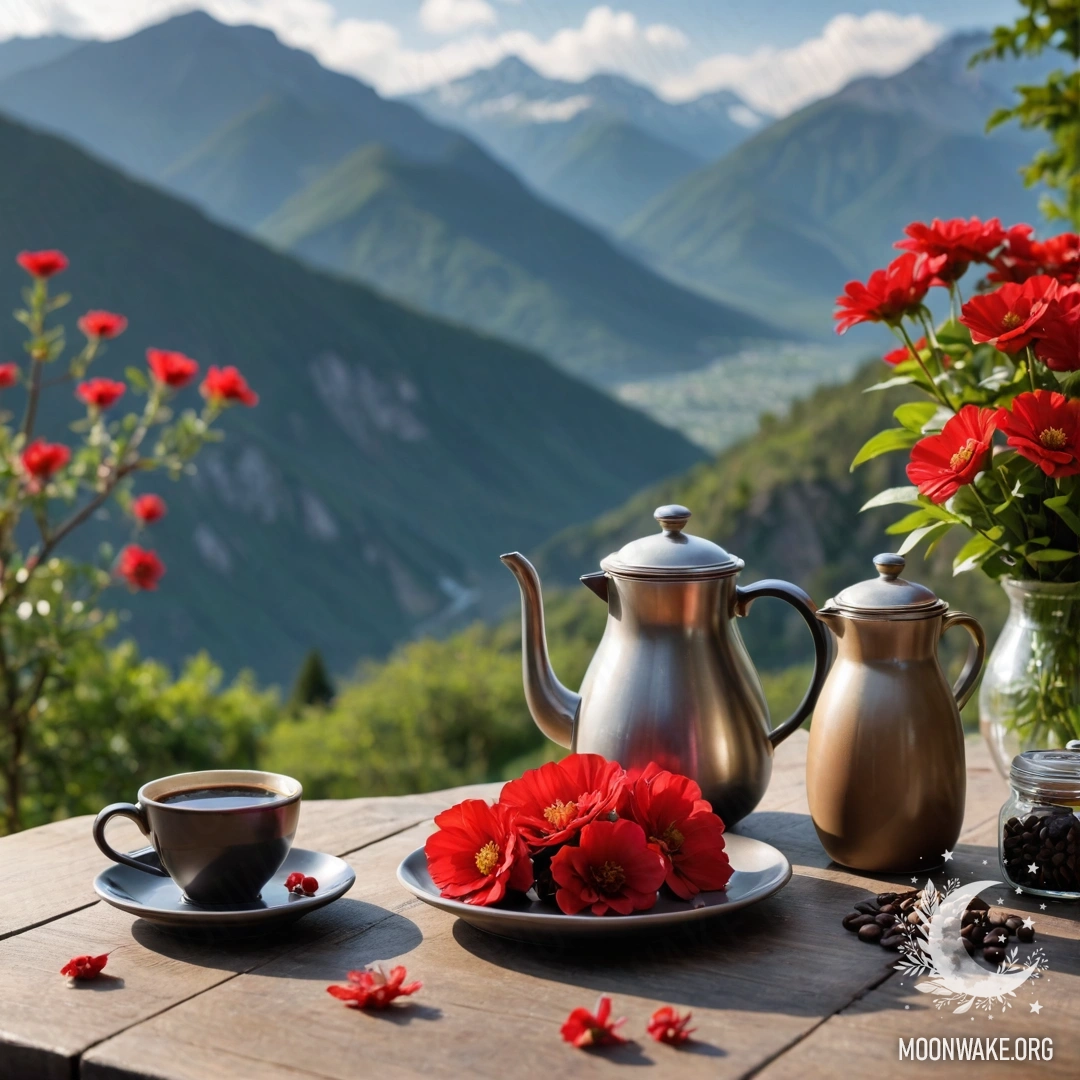 Serene Mountain Table with Flowers and Coffee A calm wooden table set against majestic mountains, featuring a jar of red flowers, a coffee pot, and cups captured with a lens.