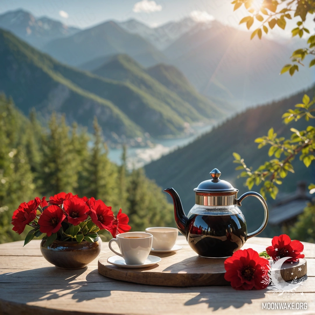 A wooden table with red flowers, coffee pot, and cups against mountains.