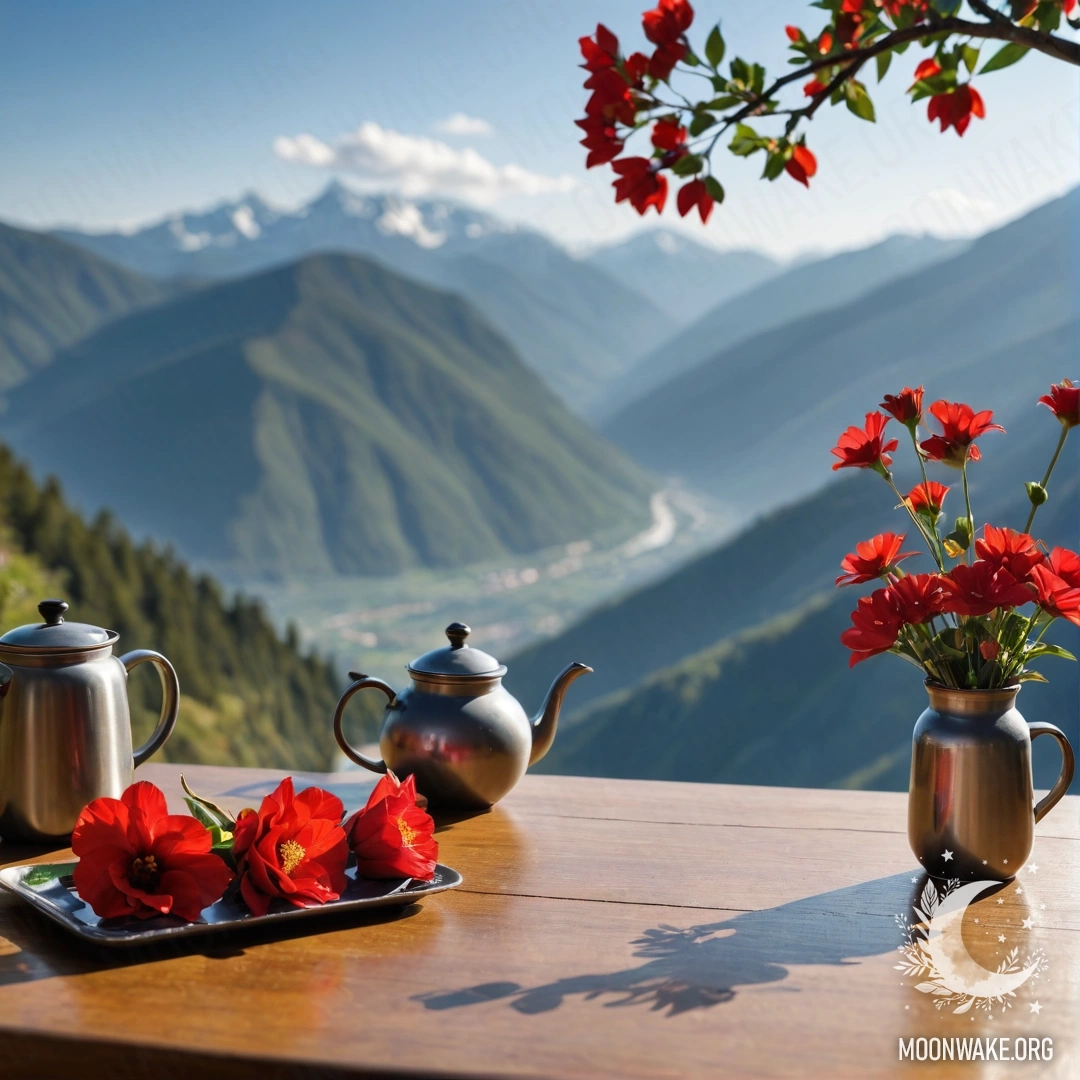 A calm wooden table with a jar of red flowers, a coffee pot, and cups, set against the mountains.
