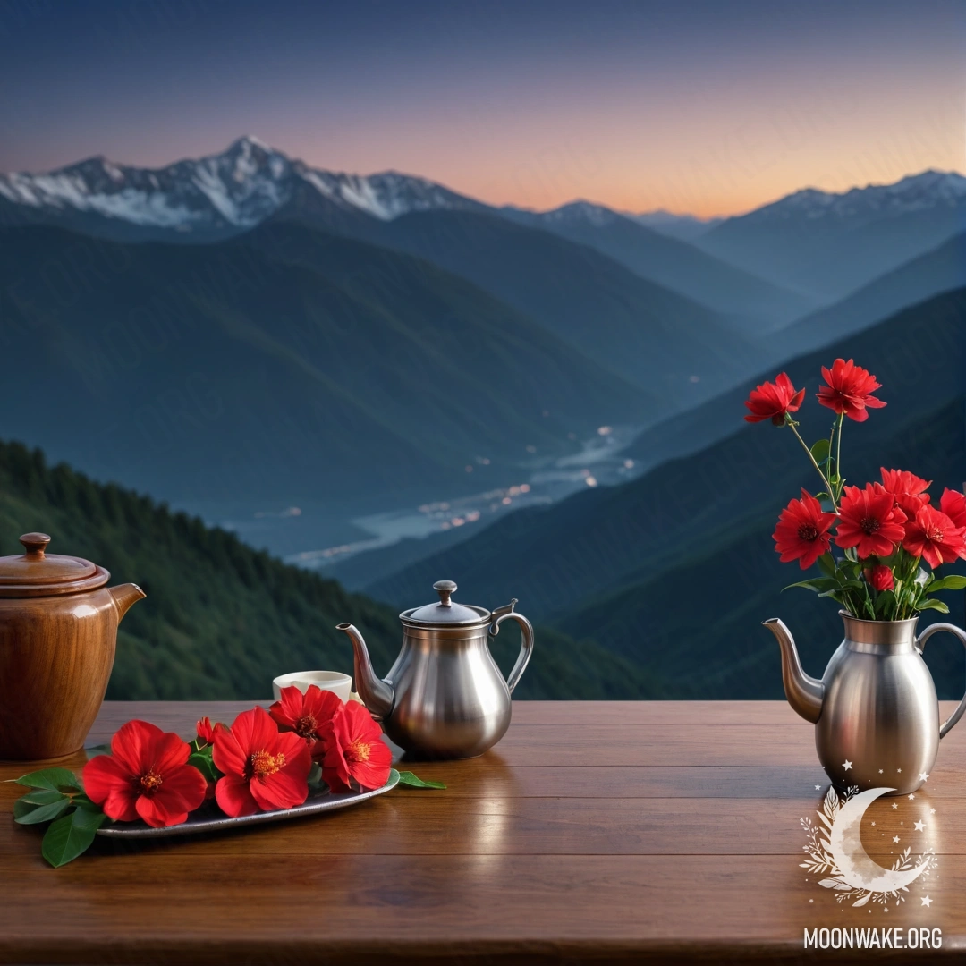 A serene wooden table with a jar of red flowers, a coffee pot, and cups, set against a mountainous backdrop at night.