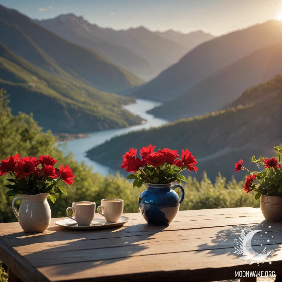 A wooden table with a jar of red flowers, a coffee pot and cups, set against mountains at sunset.