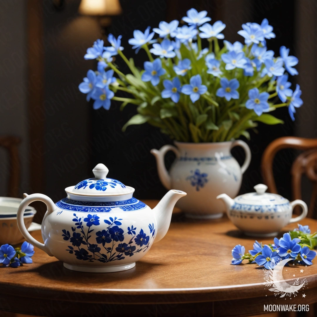 A porcelain teapot with blue flowers on a wooden table at night.