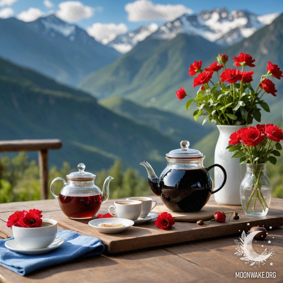 Calm Wooden Table with Flowers in Mountain Setting A wooden table with red flowers, a coffee pot, and cups in front of mountains.