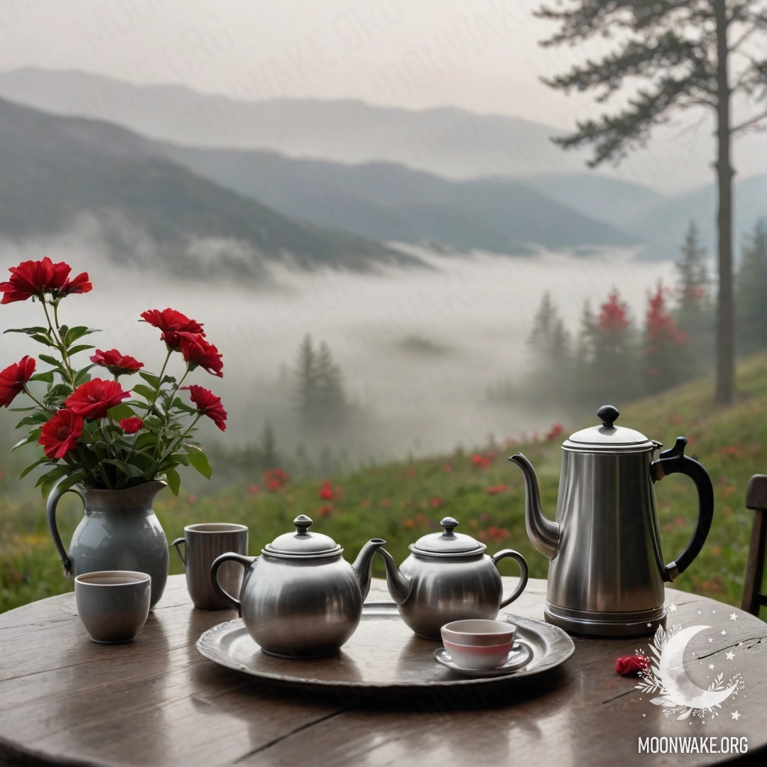 A calm wooden table with a jar of red flowers and a coffee pot with cups, set against a mountainous background shrouded in dense fog.