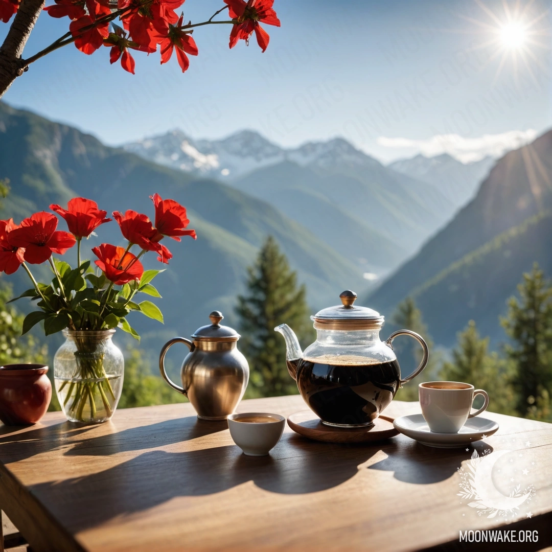 A calm wooden table adorned with a jar of red flowers, a coffee pot, and cups, set against a mountainous background bathed in sunlight.