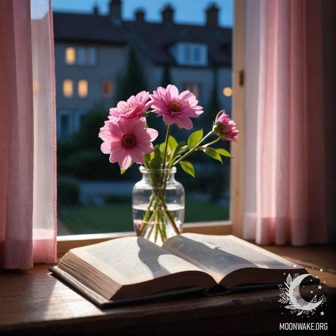 An old shabby book, a gray vase with pink flowers, and a pink curtain on a wooden window sill at night.