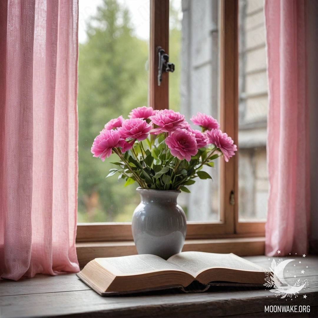 A wooden window sill featuring an old book, a gray vase with pink flowers, and a pink curtain with garland lights.