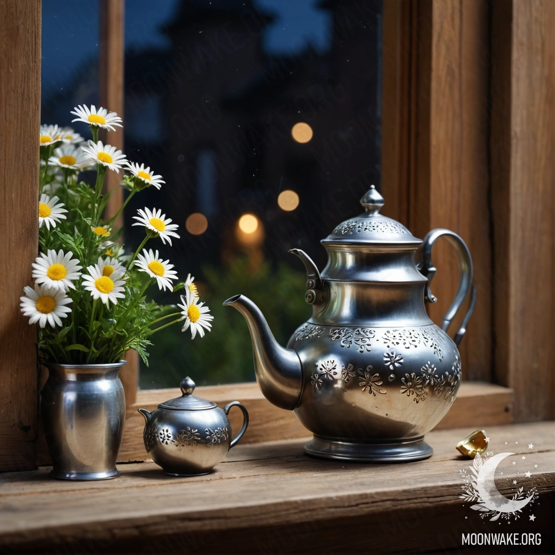 A shabby wooden window sill adorned with a metal teapot and daisies at night.
