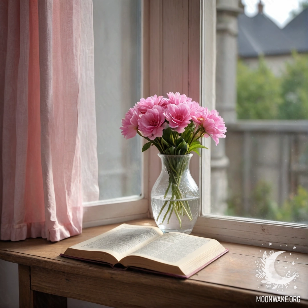 A wooden window sill adorned with an old book and a gray vase of pink flowers, beneath a soft pink curtain.