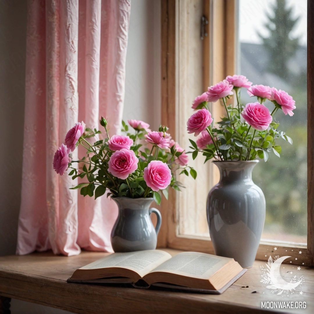 A weathered wooden window sill adorned with an old book, a gray vase containing pink flowers, and a gently flowing pink curtain illuminated by soft garland lights.