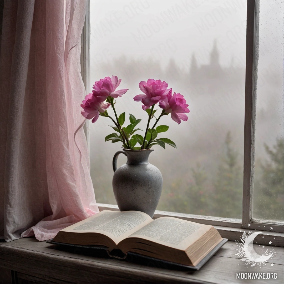 A wooden window sill with an old book, a gray vase with pink flowers, and a pink curtain in heavy fog.