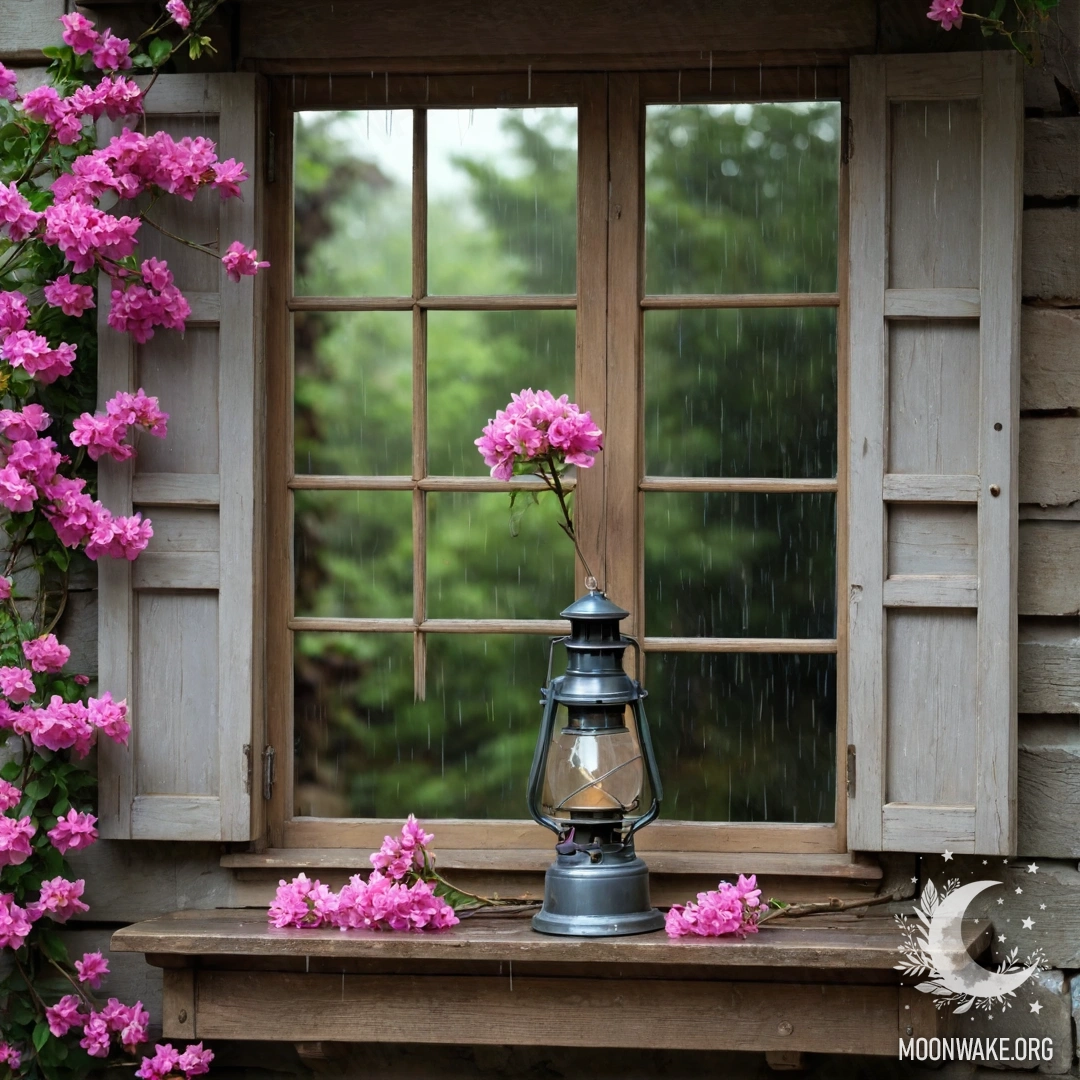 Calm Wooden Window with Pink Blossoms A shabby wooden window with shutters, adorned with pink flowers in the rain, and a kerosene lamp hanging above.