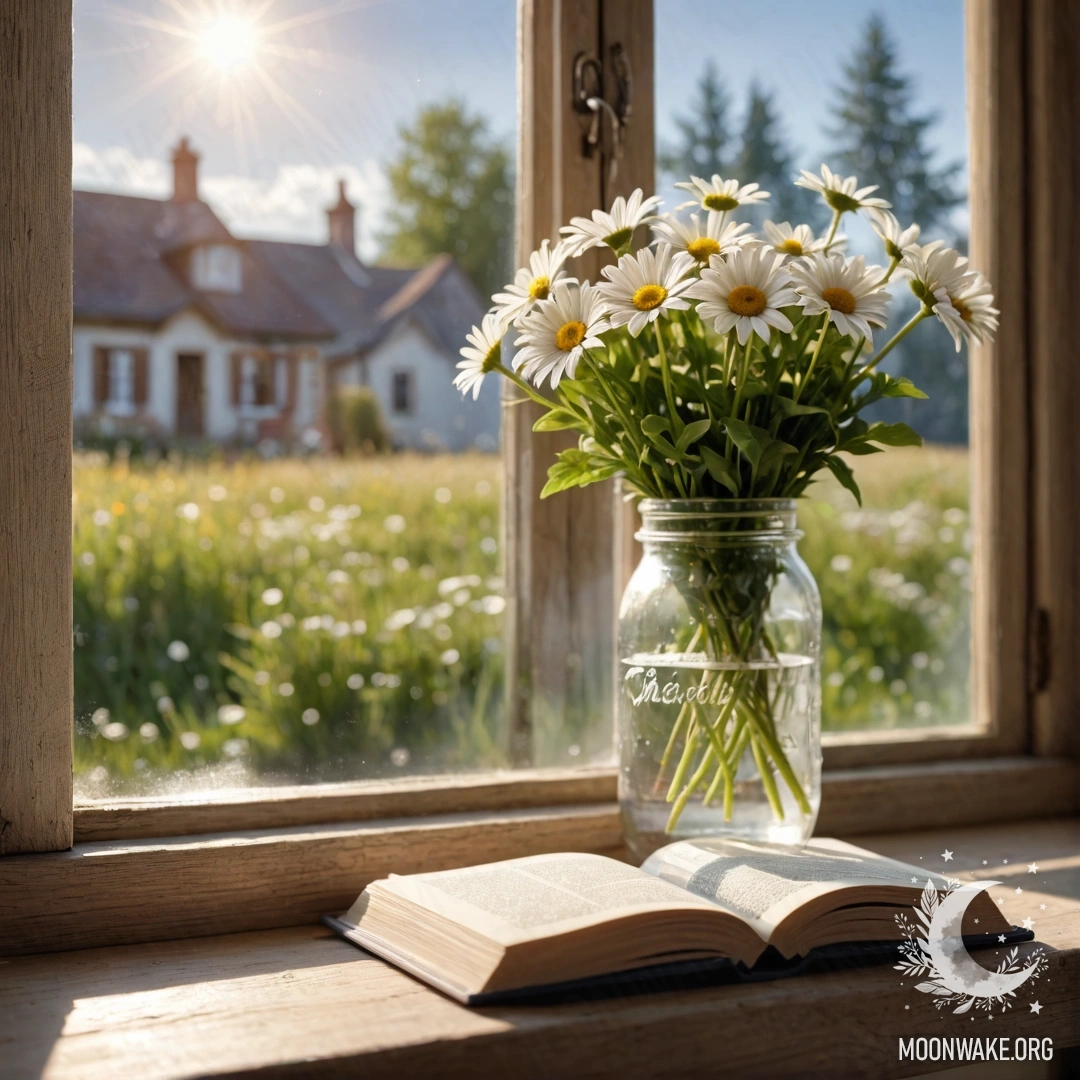 A shabby wooden windowsill with a jar of daisies and an open book basking in sunlight.