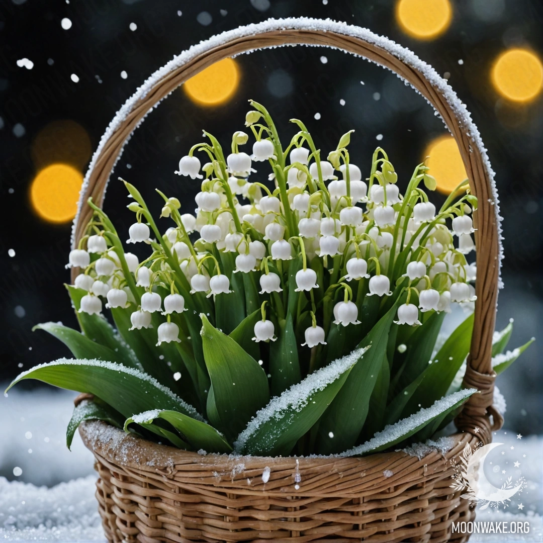 A serene image of yellow lily of the valley flowers in a basket, frosted at night.