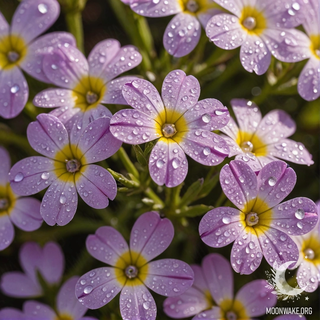 A serene scene featuring yellow phlox flowers adorned with dew drops, illuminated by sunny rays.