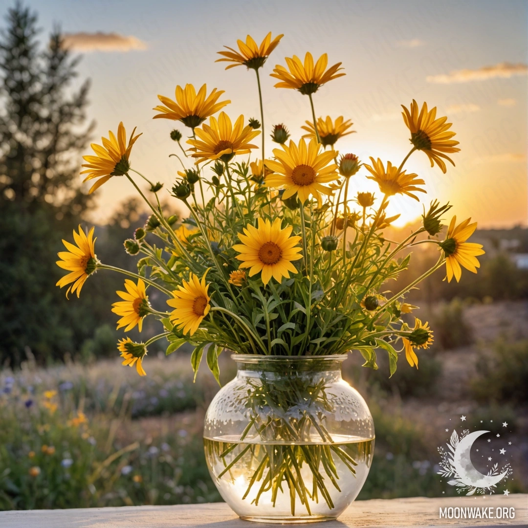 Calm Yellow Wildflowers in a Vase at Sunset A vase filled with calm wildflowers in shades of yellow, illuminated by sunset.