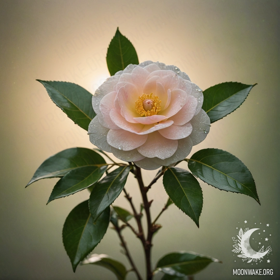 A camellia flower surrounded by mist at sunset, with lime colors and glitter.