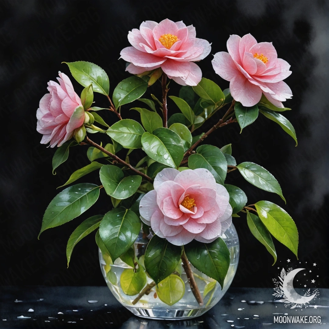 A beautiful camellia flower in a lime-colored vase under rain at night.