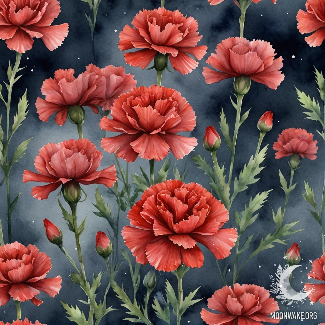 A delicate red carnation surrounded by soft mist at night.
