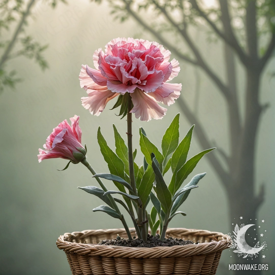 Carnation in the Fog A delicate carnation rests in a sage-colored basket, surrounded by soft fog and illuminated by sunny rays.