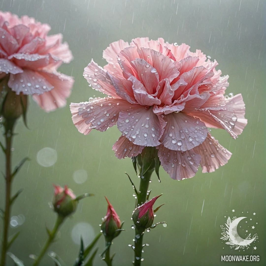 Carnation in the Mist A delicate carnation flower in a misty environment with raindrops and sunny rays.
