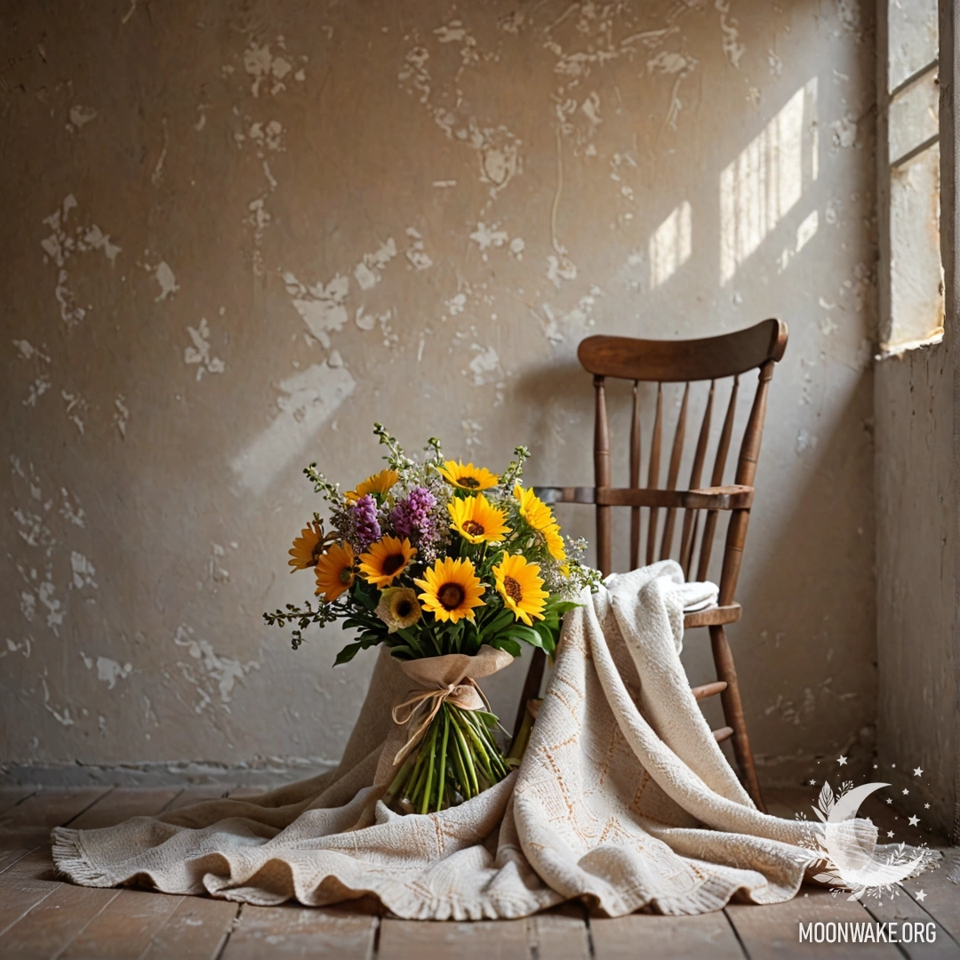 A cozy chair with a blanket and a bouquet of flowers on it, set against a shabby wall with sun rays illuminating the scene.