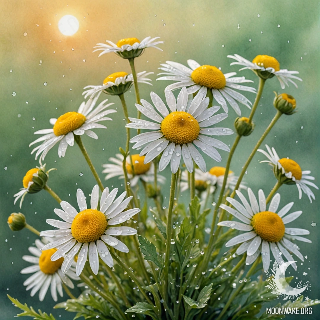 A bouquet of chamomiles with dew drops in mint color at sunset.