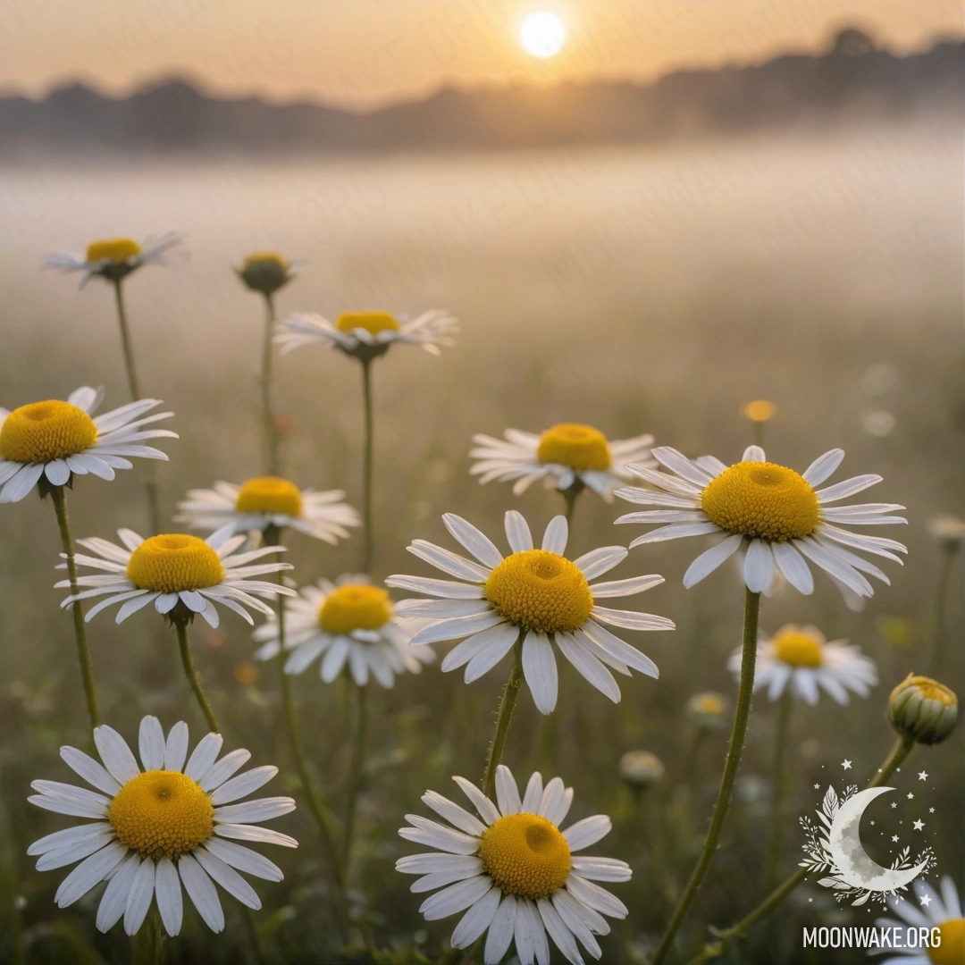 A beautiful chamomile flower surrounded by fog, set against a sunset background with warm yellow hues.