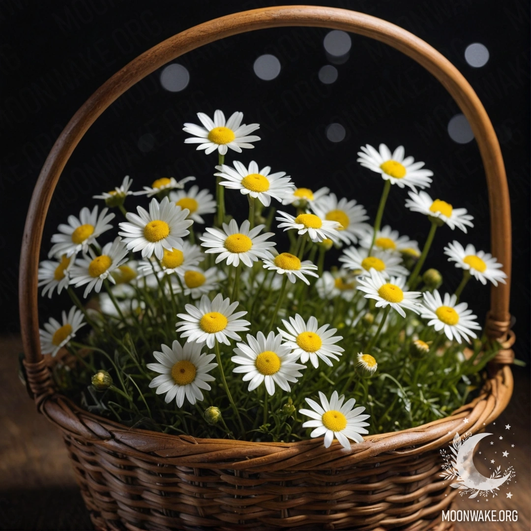 Chamomile in Misty Night A basket containing chamomile flowers surrounded by mist at night.