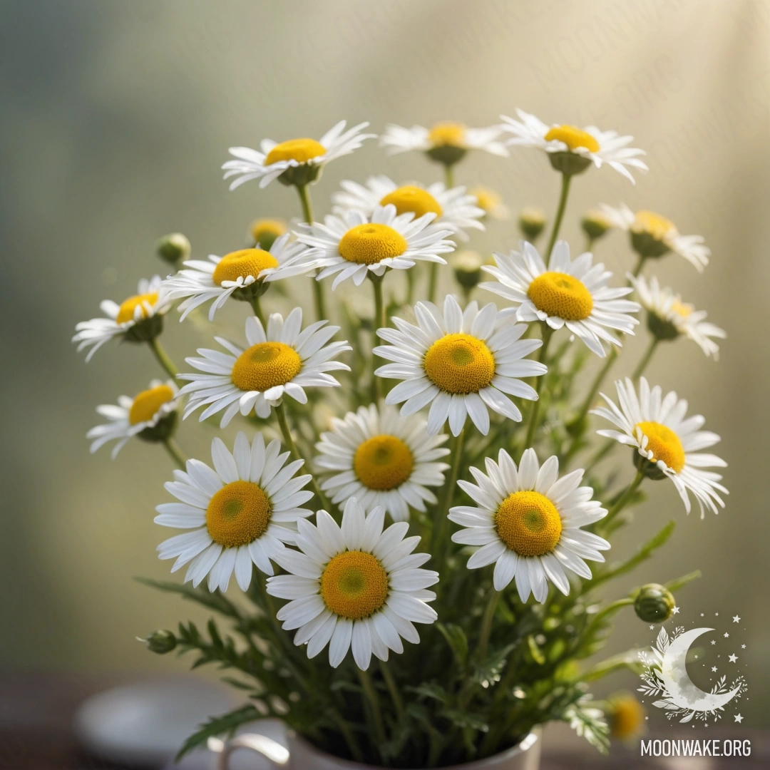 A delicate bouquet of chamomile flowers surrounded by mist and soft sunlight.