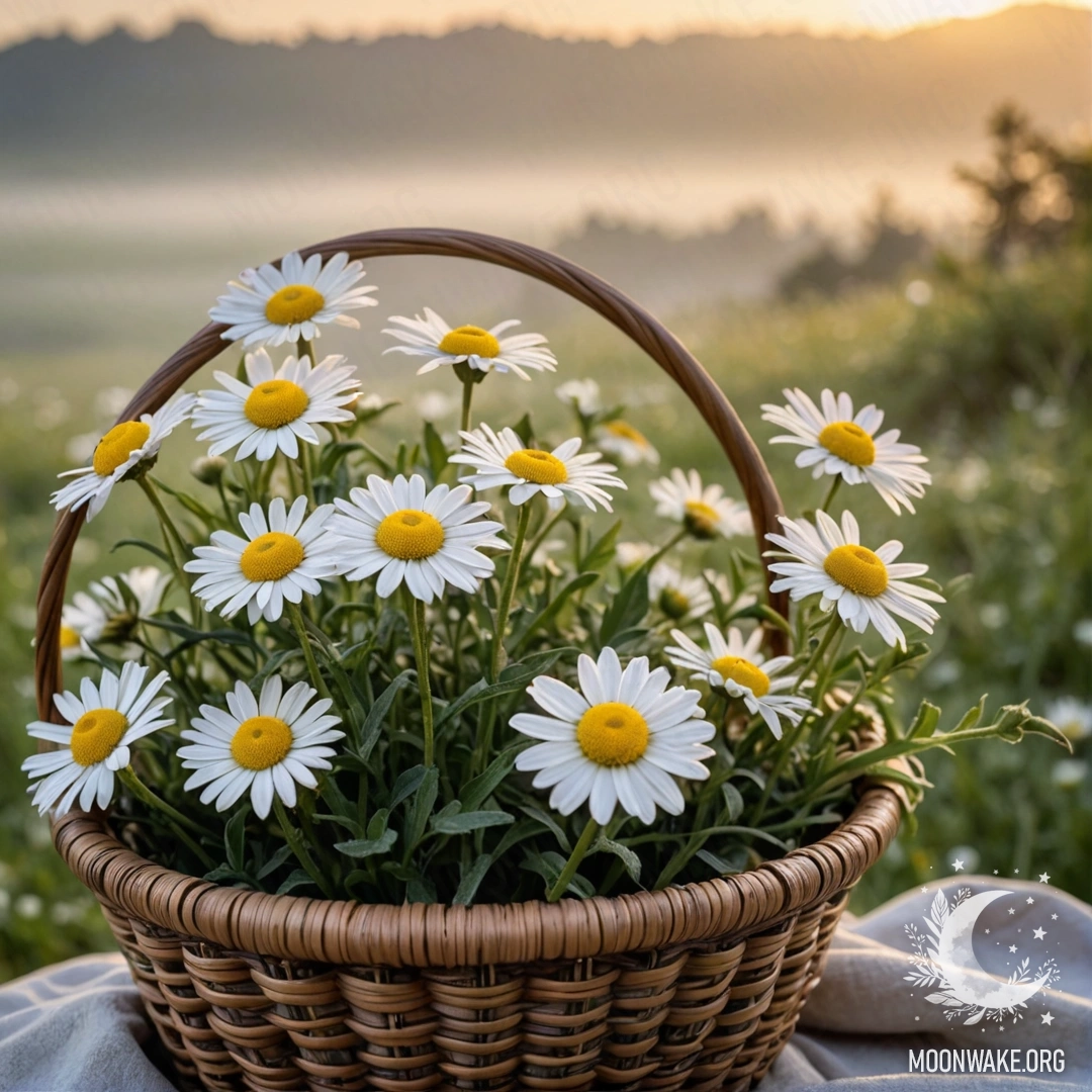 A basket filled with beautiful chamomiles enveloped in fog during sunset.