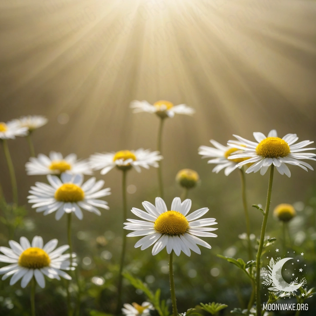 Chamomile in the Mist A delicate chamomile flower bathed in soft mist under golden rays.