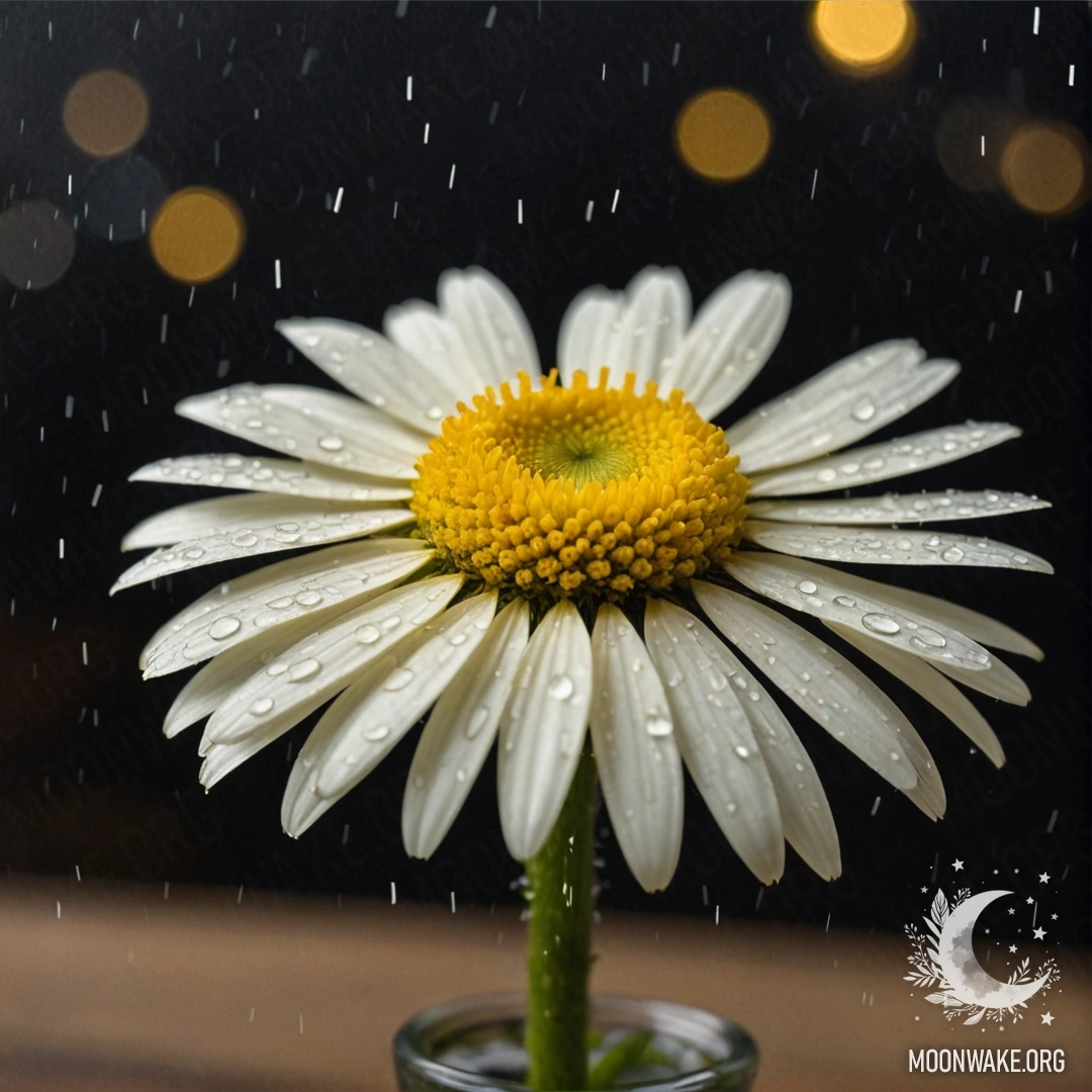 A vase filled with chamomile flowers, cream yellow in color, displayed under the rain during nighttime.