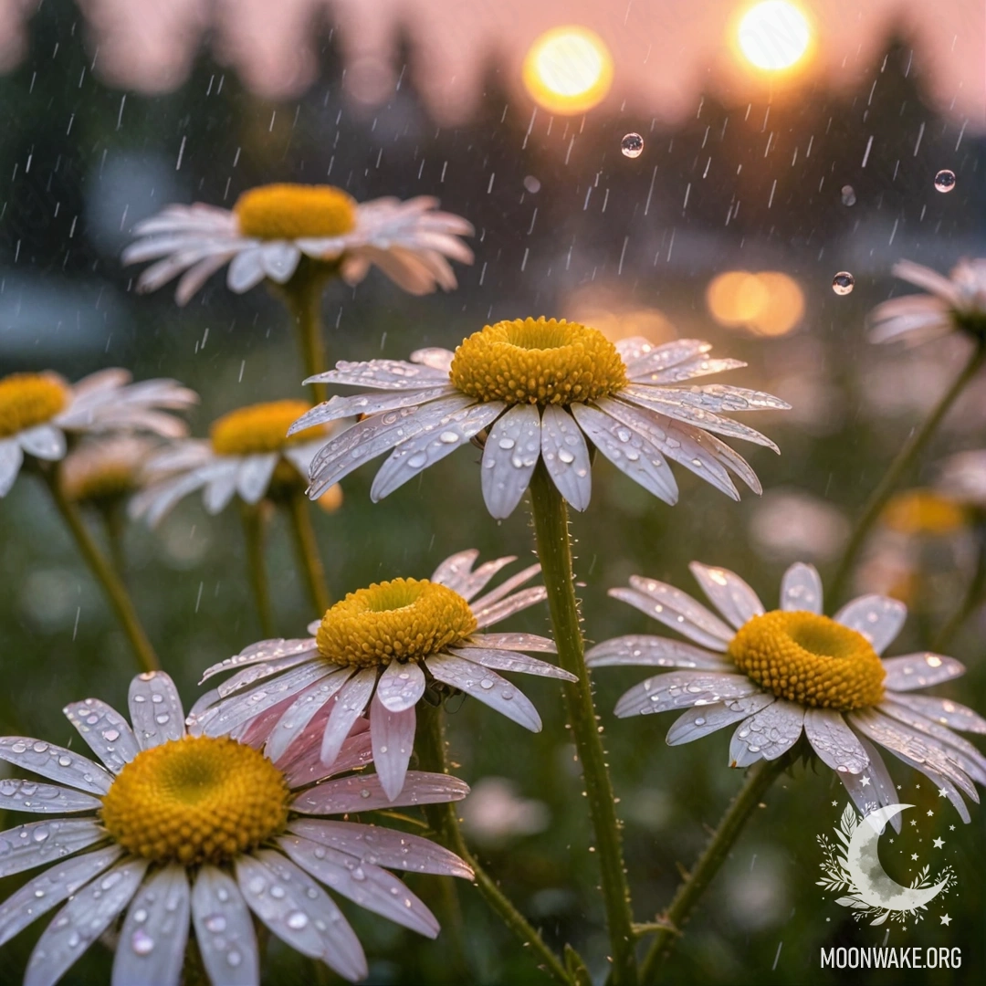 A calm chamomile flower illuminated by the pink sunset rain.