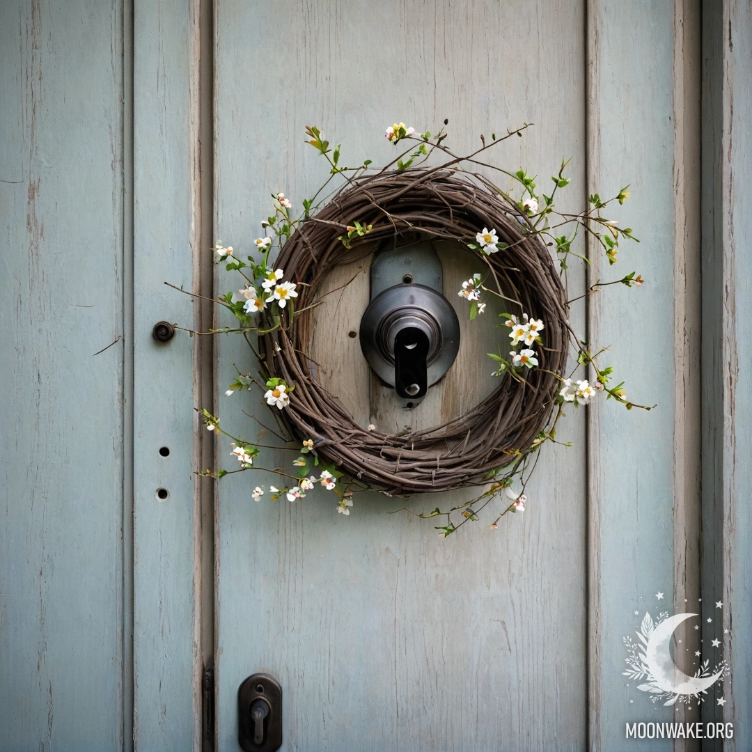 A shabby door adorned with twigs and flowers on the handle.