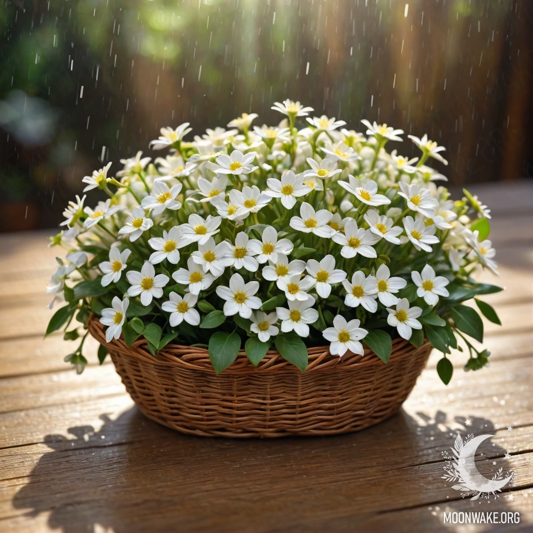 A basket filled with small white flowers on a wooden table during rain.