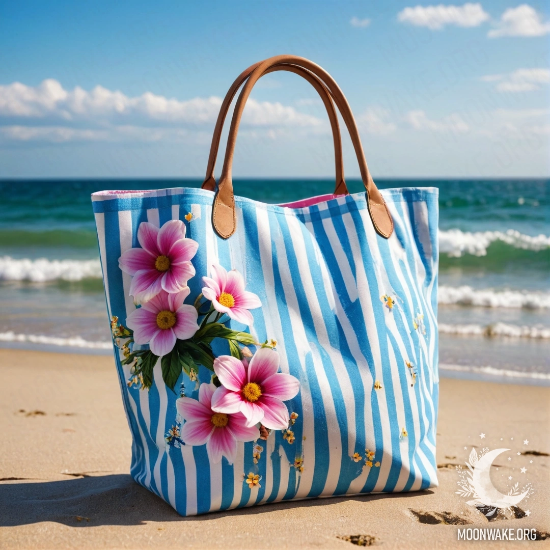 A white and blue striped bag filled with pink flowers on a sandy beach with the blue sea and sky under the rain.