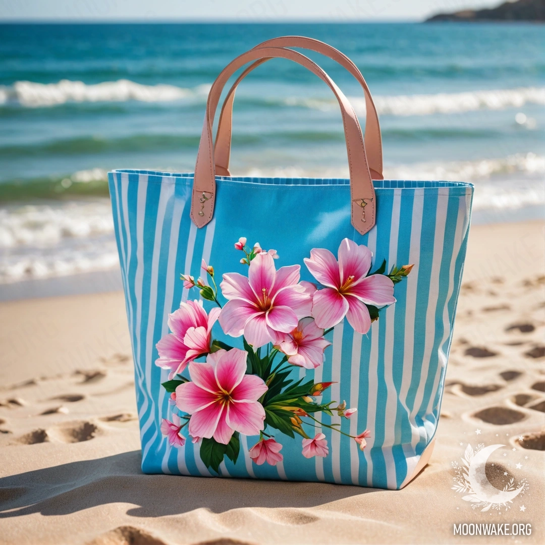 Charming Beachside Blooms A white and blue striped bag filled with pink flowers on a sandy beach with the blue sea and sky in the background.