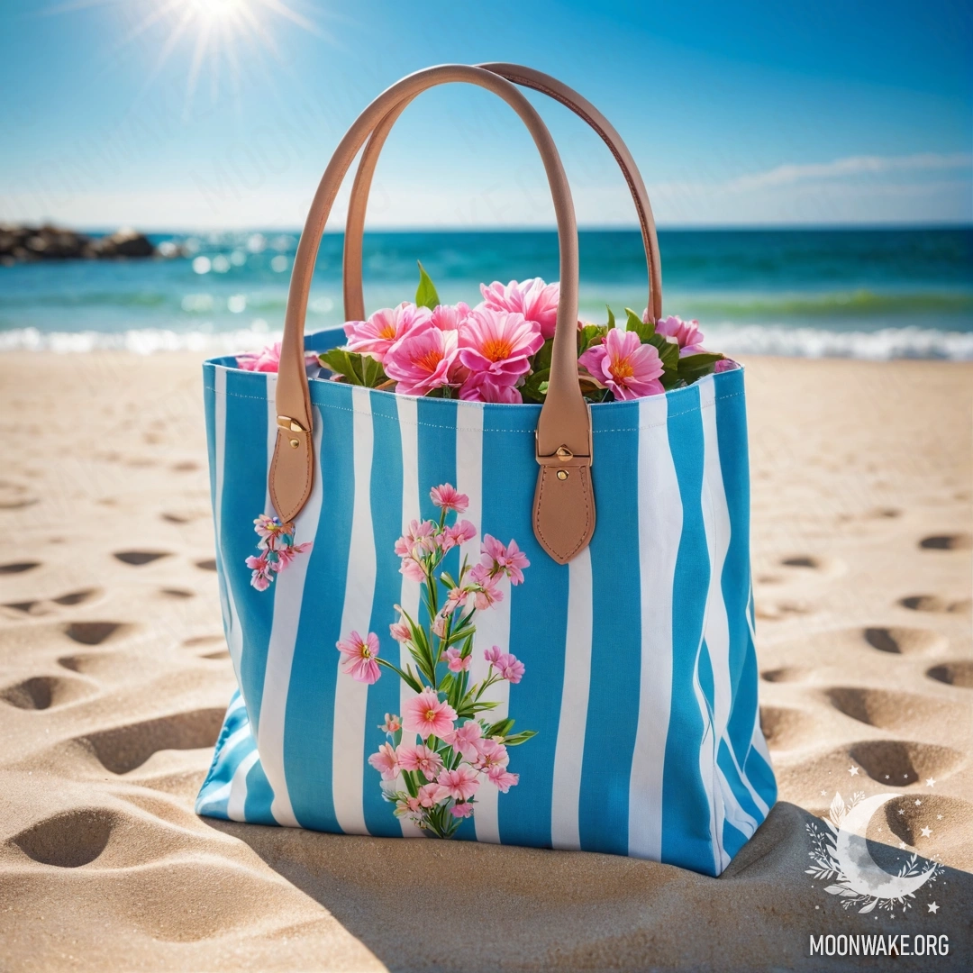 A white and blue striped fabric bag containing pink flowers on a sandy beach with the blue sea and sunny sky in the background.