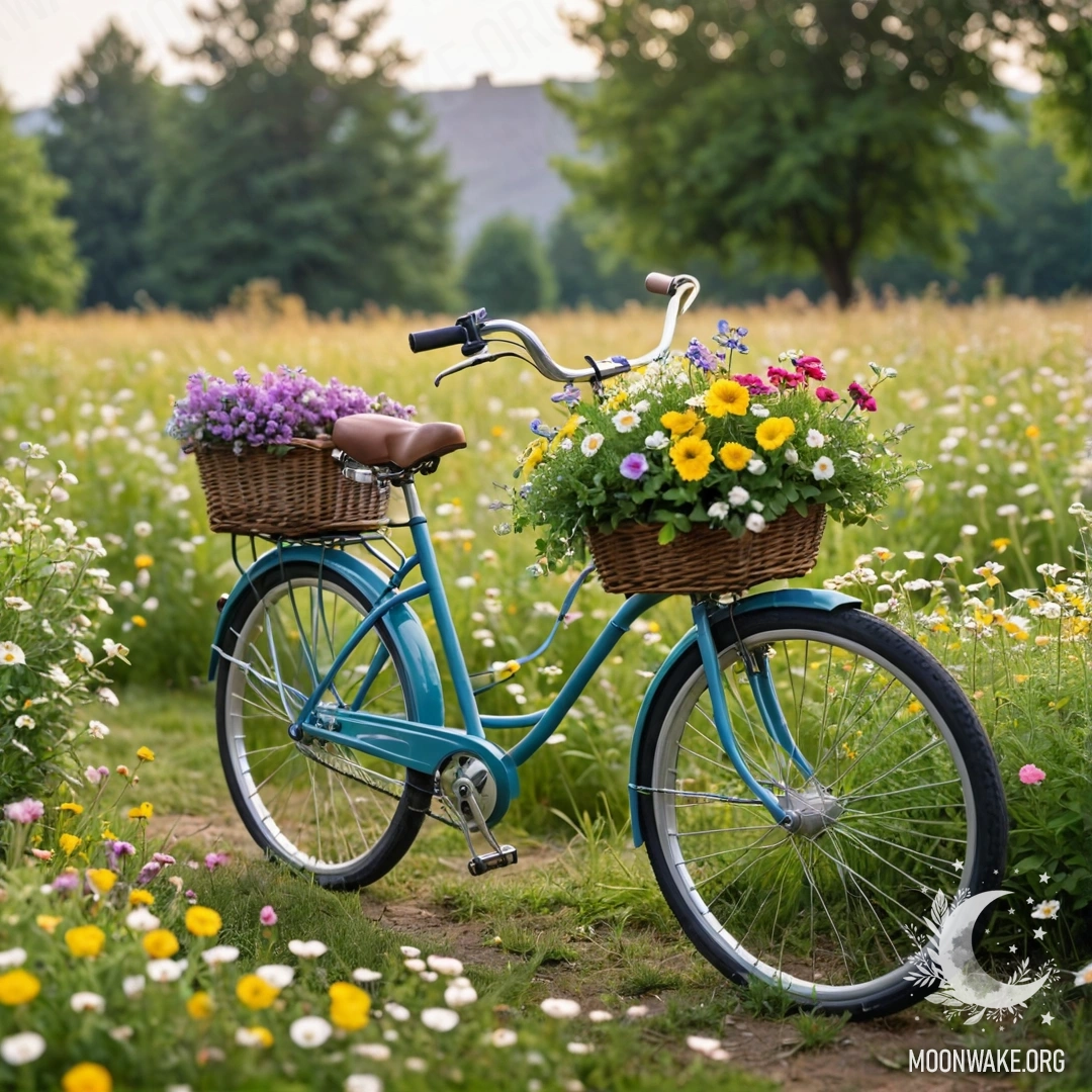 A bicycle with a flower basket and lights in a flower field.