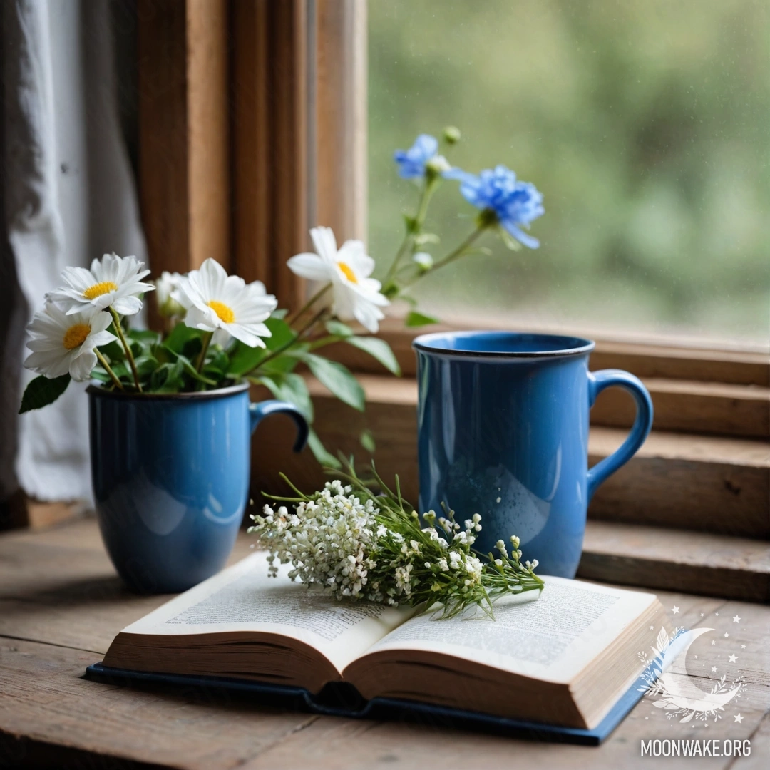 A photorealistic depiction of a blue book on a wooden windowsill with a blue metal mug filled with flowers and garland lights.