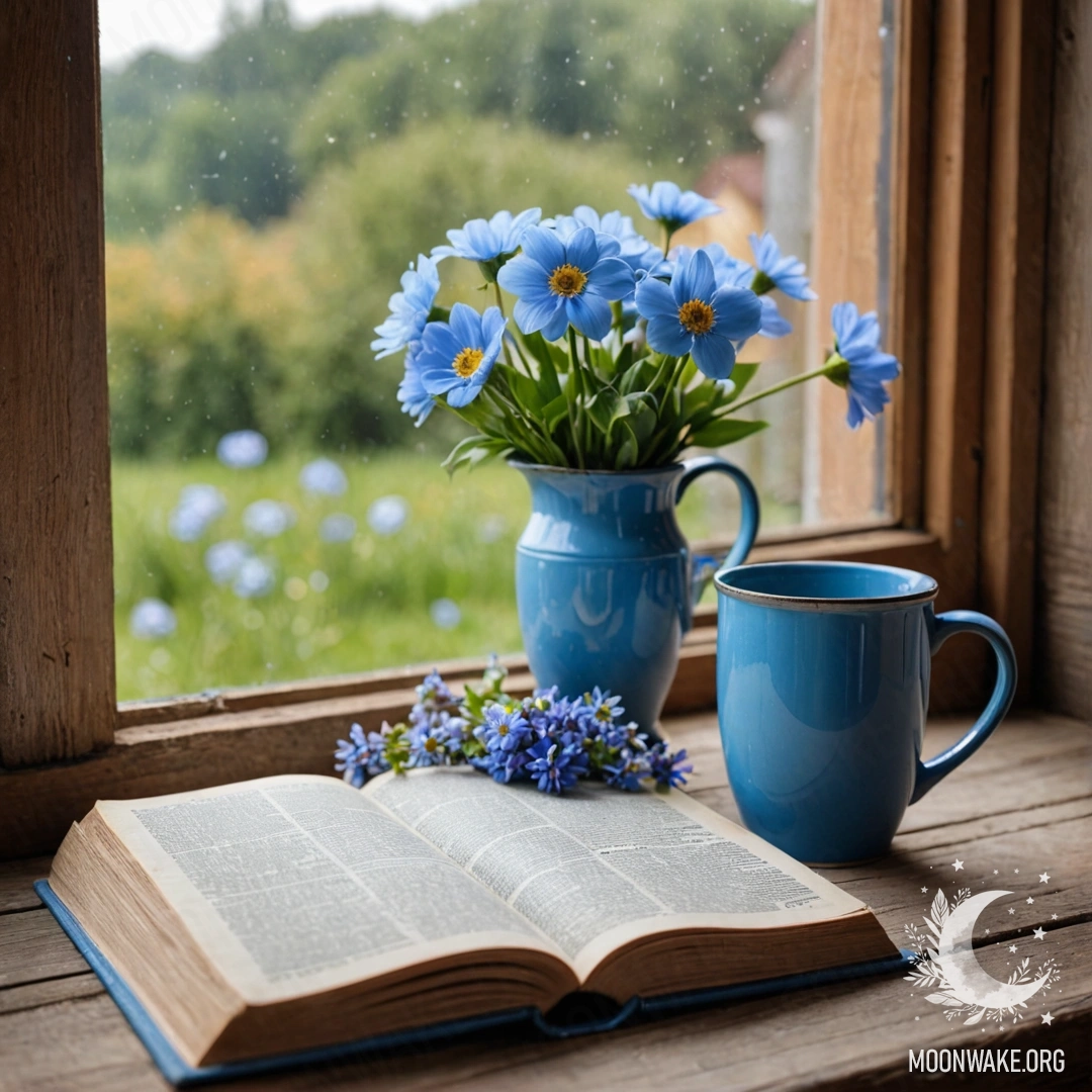 An old, shabby blue book with a blue metal mug on top, filled with flowers, resting on a wooden windowsill.
