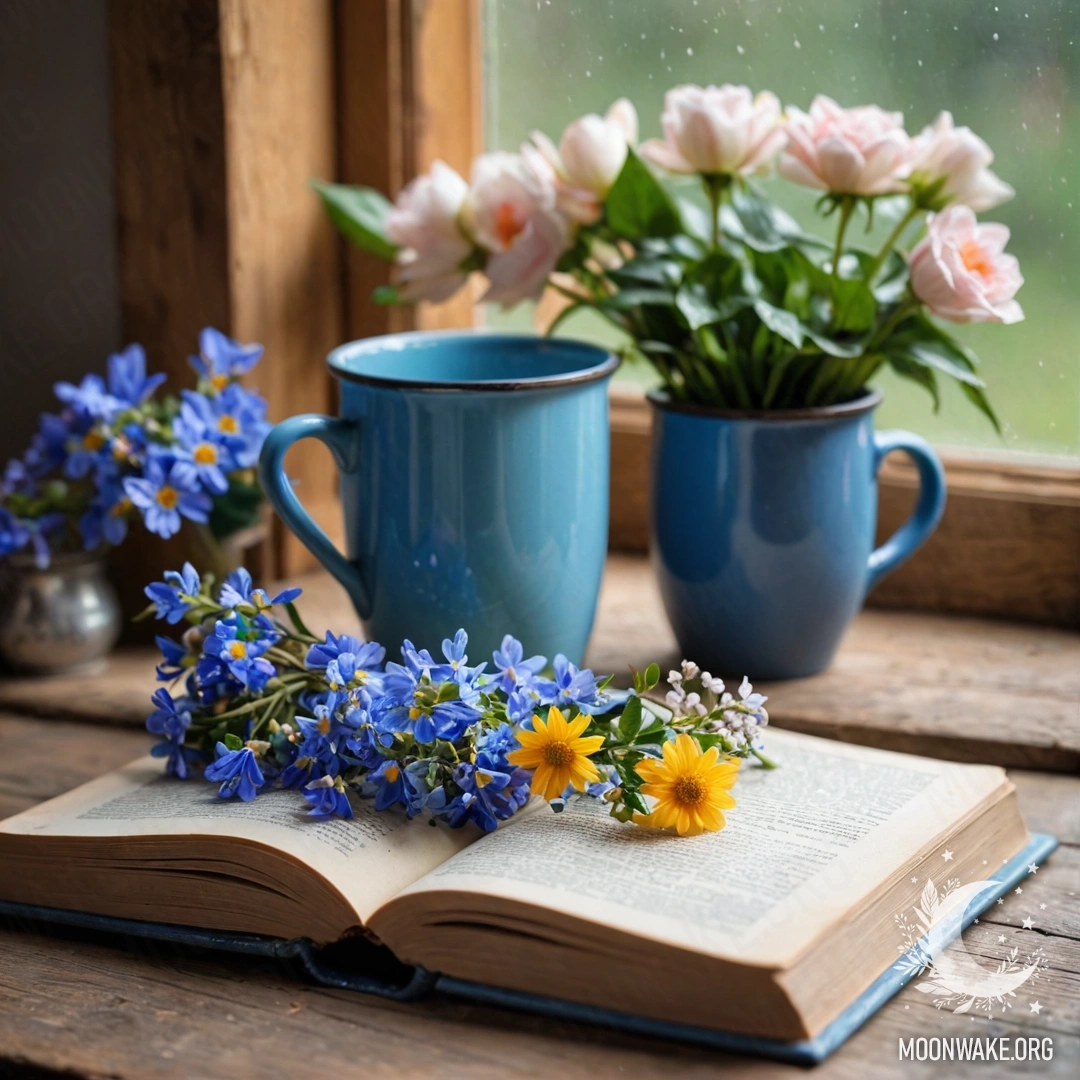 Charming Blue Book and Floral Mug A blue book on a wooden windowsill next to a blue mug filled with flowers and lights.