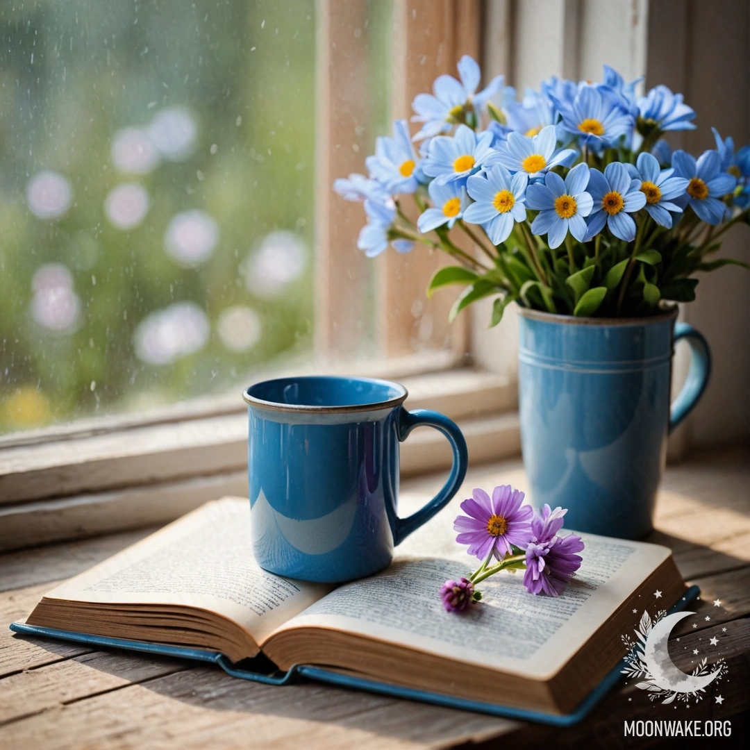 A blue book on a wooden windowsill with a blue metal mug containing flowers.