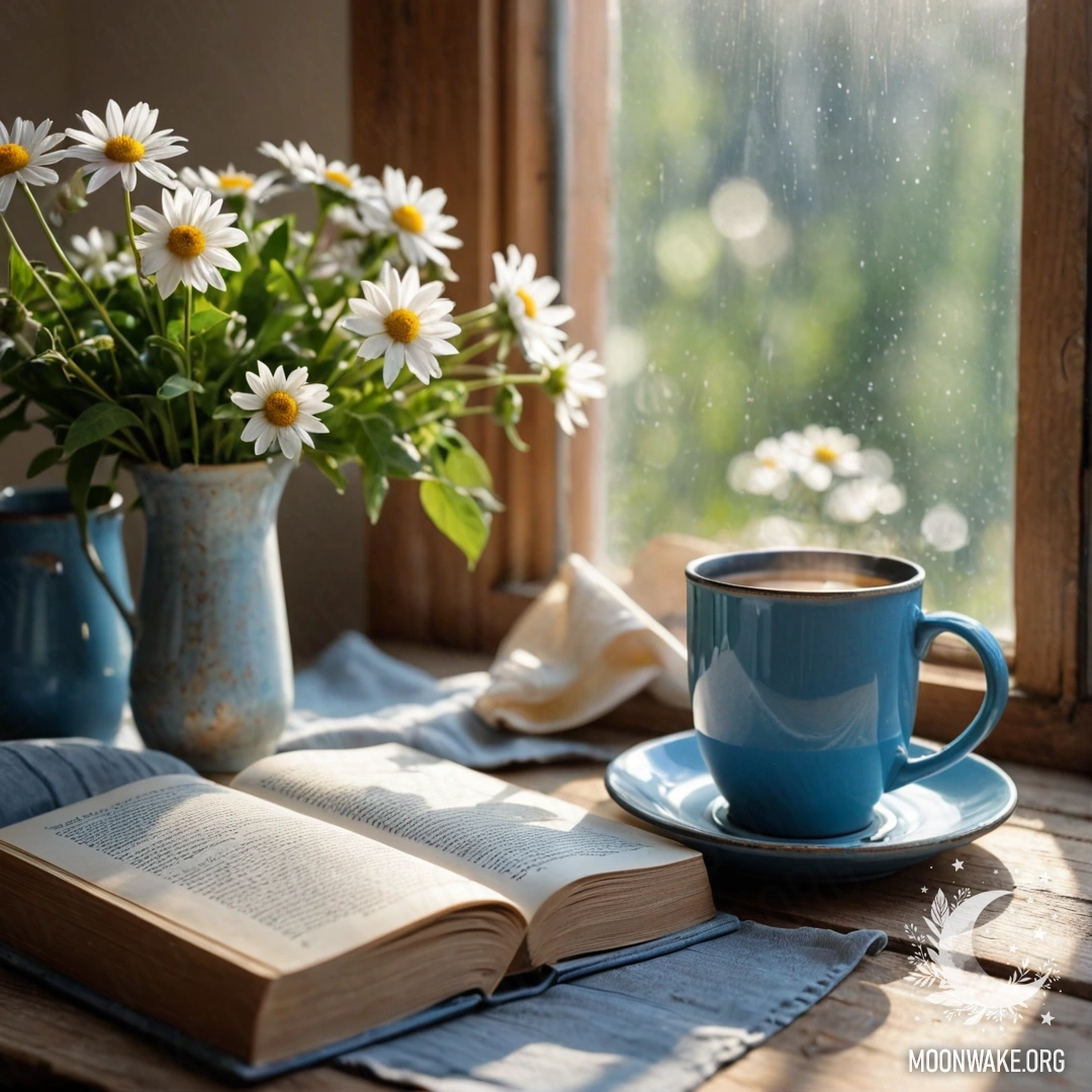 A close-up of an old blue book on a wooden windowsill, with a blue mug containing flowers and sun rays shining down.