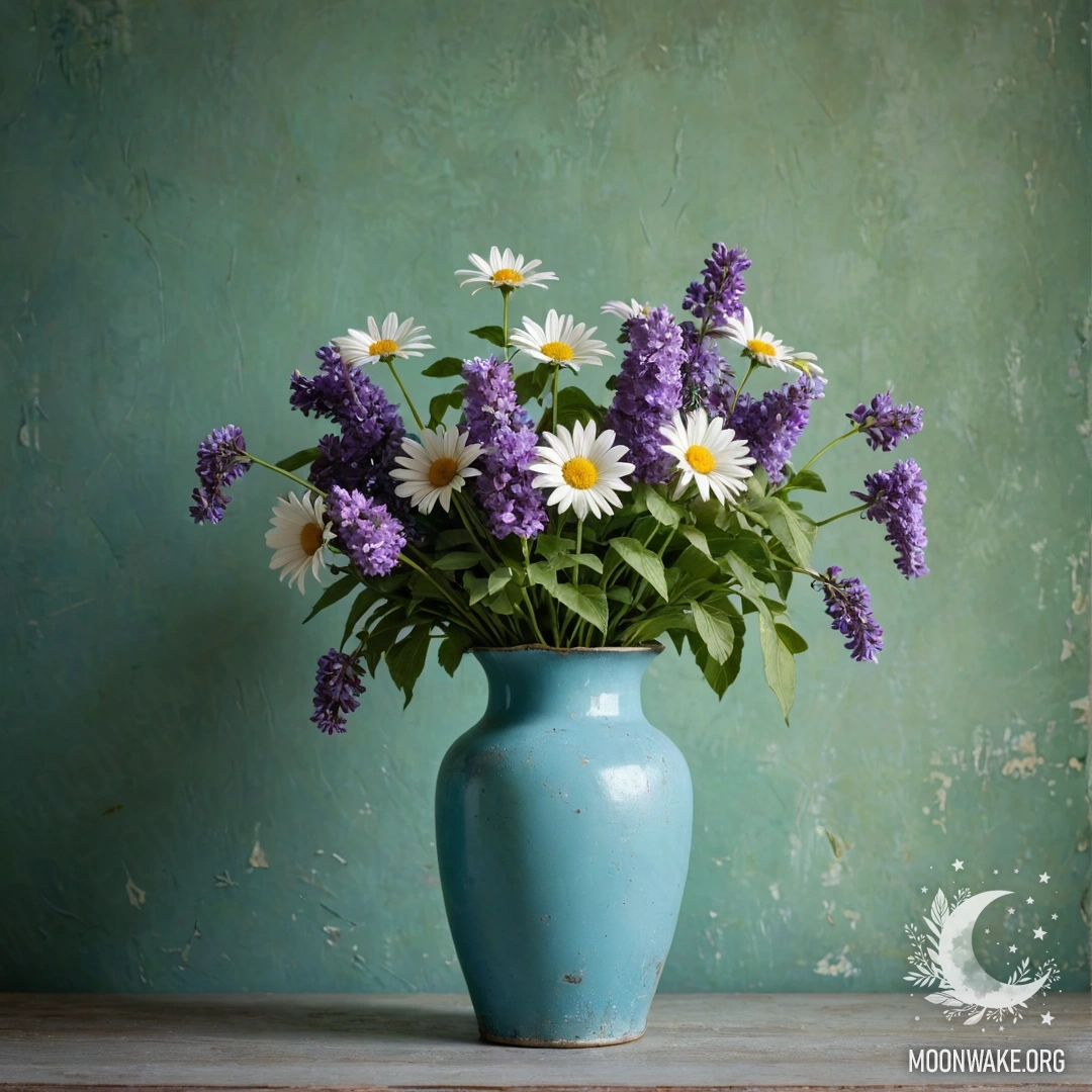 A weathered blue door adorned with a bouquet of poppies in the handle, illuminated by garland lights.