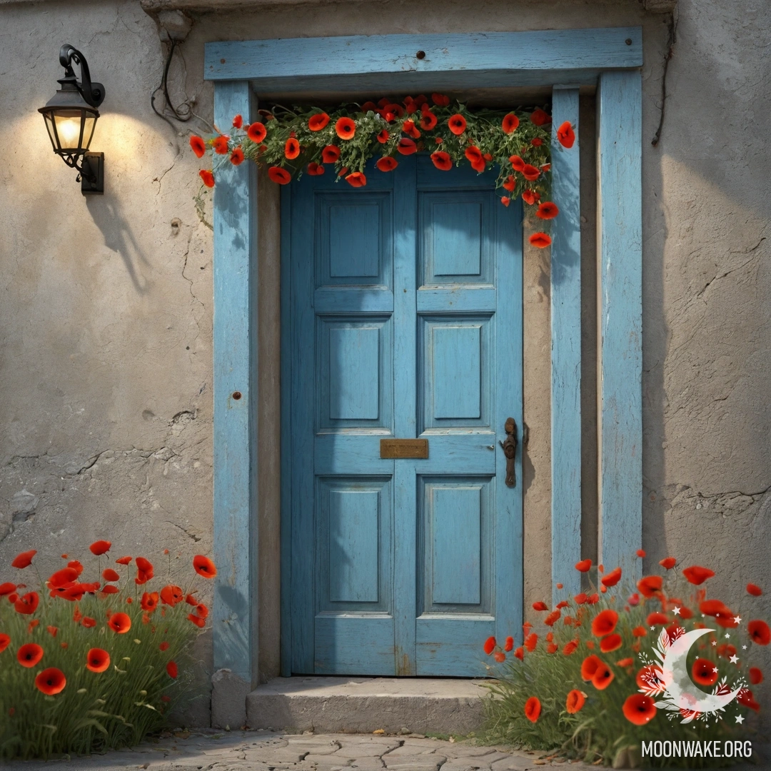 A weathered blue door adorned with a bouquet of poppies in the handle, illuminated by fairy lights.